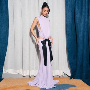 OUDINA alla moda Casual elegante per feste con vita vuota con cintura senza schienale in raso <span class=keywords><strong>lavanda</strong></span> Maxi abito lungo da donna - Product Image 3