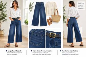 Jeans <span class=keywords><strong>de</strong></span> Mujer <span class=keywords><strong>de</strong></span> Cintura Alta, Pierna Ancha, Bolsillos con Parches, Estilo Holgado, Cinturón Negro con Hebilla Dorada, Minimalista - Product Image 6