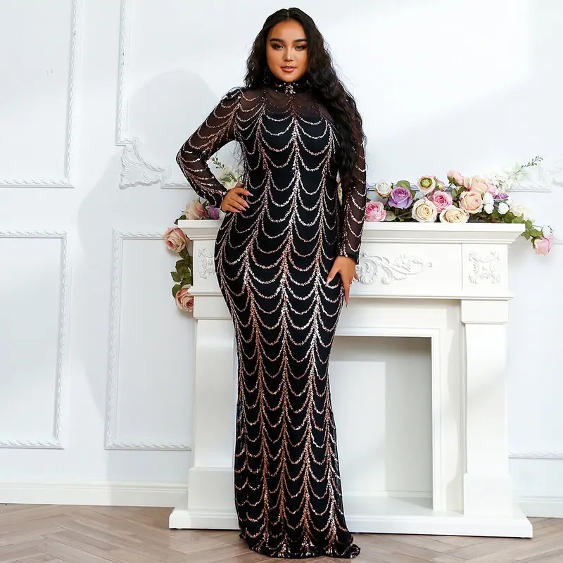 Hot Selling Luxury Polyester Woven O-Neck Sweep Train Dresses Spandex Plus Size Women Sequined Evening Dress