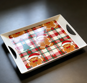 Bandeja de melamina <span class=keywords><strong>para</strong></span> aperitivos de 14 x 9.7 pulgadas con diseño navideño a cuadros y <span class=keywords><strong>hombre</strong></span> de jengibre, ligera con asas recortadas - Product Image 1