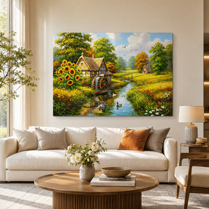 Peinture <span class=keywords><strong>à</strong></span> l'huile sur toile, décor mural, motif <span class=keywords><strong>moulin</strong></span> <span class=keywords><strong>à</strong></span> <span class=keywords><strong>eau</strong></span>, ruisseau, tournesols, canards, cabane <span class=keywords><strong>à</strong></span> toit <span class=keywords><strong>de</strong></span> chaume, <span class=keywords><strong>roue</strong></span> <span class=keywords><strong>à</strong></span> <span class=keywords><strong>eau</strong></span>, art populaire, peint <span class=keywords><strong>à</strong></span> la main - Product Image 1