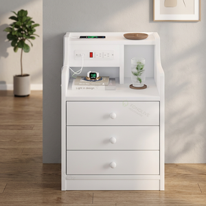MDF Wooden <b>White</b> Modern Foldable Smart Nightstand Electric Lock Hidden Compartment 3 <b>Drawers</b>-Jiangpai Shandong Hotel <b>Bedroom</b> - Product Image 3