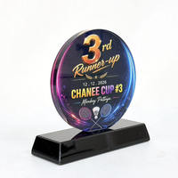 Trophée en cristal noir avec base, impression couleur UV, trophée en verre rond en cristal