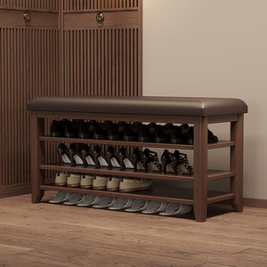 Solid Wood <b>Shoe</b> Changing Stool <b>With</b> Storage Shelves For Home Entrance <b>Bench</b> Seat Space Saving Design - Product Image 1