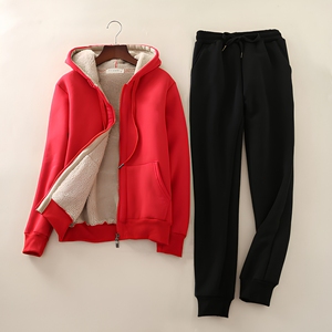 Ensemble de survêtement d'hiver 2 pièces pour femme, sweat à capuche en polaire, pantalon noir, veste rouge, tenue de sport décontractée, manches longues, coupe ample - Product Image 1