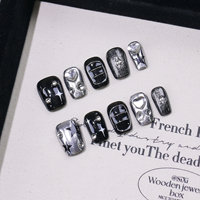 Faux ongles à presser faits main, courts, carrés, style gothique, avec motifs épines, cœurs, strass, crânes, croix, étoiles, paillettes argentées, ongles en gel, vente en gros