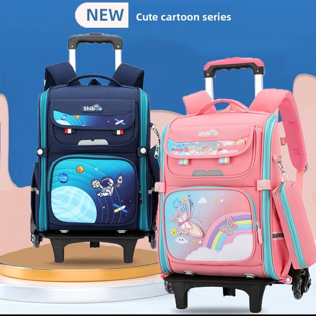 Cross-border Wholesale Elementary School Trolley Backpack Boys Girls Grades 16 Spinal protection Six-wheel Design Suitable