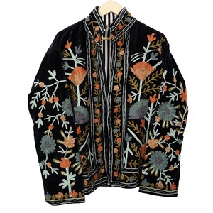 Black <b>Velvet</b> Breathable Woven Printed Embroidered Floral <b>Jacket</b> O-Neck Collar Full Sleeve Autumn <b>Women's</b> Elegant Handwork Coat - Product Image 1