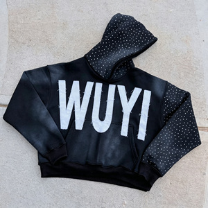 Sweat à capuche vintage streetwear de haute qualité 500 g/m² en molleton français brodé, effet délavé, en coton avec strass - Product Image 2