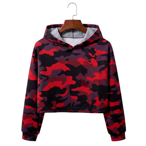 Sweat à capuche court camouflage rouge pour femme, manches longues, cordon de serrage, streetwear, vente en gros, impression personnalisée OEM, sweats à capuche et sweat-shirts pour homme - Product Image 4