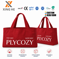 Sac de courses en toile de coton rouge XingHe avec logo personnalisé, réutilisable, avec soufflets latéraux et au bas