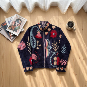 Suzani Embroidered <b>Velvet</b> Bomber <b>Jacket</b> Handmade Boho Floral Embroidery Navy Blue 100% Cotton Breathable for <b>Women</b> - Product Image 2