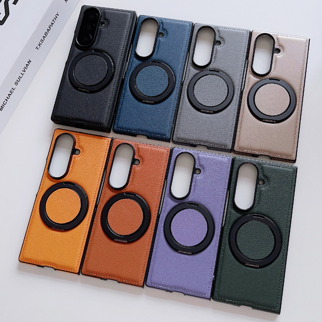 360 Rotating Aluminum Folding Kickstand PU Leather Phone Case for Samsung Galaxy Z Fold 7 6 5 4 Wireless Charging Magnetic Cover