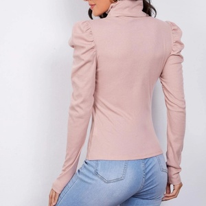 Blouses élégantes en tricot côtelé de haute qualité pour le printemps et l'automne 2025, col roulé, manches longues bouffantes, pour femmes - Product Image 4