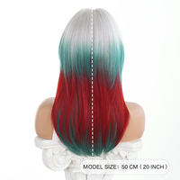 Wig sintetis berlapis warna merah putih biru ombre 20 inci dengan poni, serat tahan panas, untuk acara sepak bola, futsal & zona penggemar
