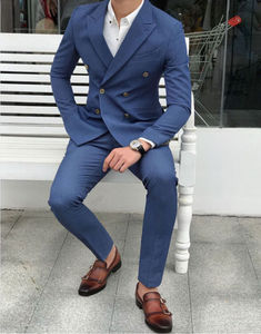 Custom Made Migliore degli uomini Blu A Doppio Petto Slim Fit Giacca Sportiva degli uomini di Partito 2 Pezzo del <span class=keywords><strong>Vestito</strong></span> di Autunno abito Da Sposa Sposo ha raggiunto il picco Risvolto <span class=keywords><strong>Vestito</strong></span> - Product Image 2