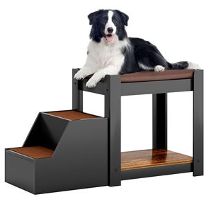 カスタムモダンな高床式犬用ベッド、取り外し可能な<span class=keywords><strong>2</strong></span>段木製犬用階段付きペット用スロープベッド、窓辺収納付き - Product Image 1