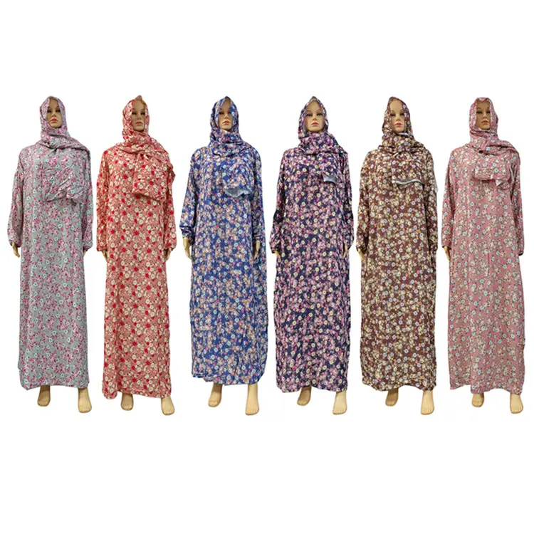 Muslim Rayon Abayas Women Prayer Dubai Turkey Middle East Femme Robe Hijab Scarf Floral Loose African Dress Turban Attached