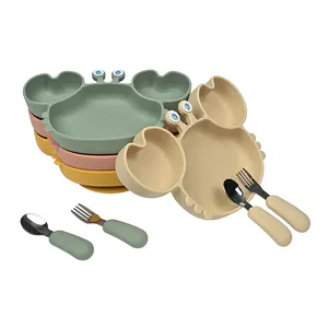 Customizable reliable supplier non toxic led weaning toddler dishware set suction crab plate with spoon fork clean easily