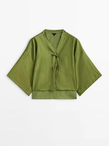 Wholesale <strong>Women</strong> Summer <strong>Blouse</strong> Bow Embellished <strong>Linen</strong> Kimono Style <strong>Blouse</strong> Wide Sleeves V-neck <strong>Linen</strong> <strong>Blouse</strong> - Product Image 5