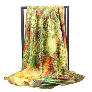 Syal perbatasan hijau oranye panjang Satin putih dengan hadiah selendang dasi leher wanita motif botani - Product Image 3