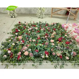 GNW rojo rosas verde con colgante de follaje artificial flor telón de rollo de pared para jardín boda de jardín
