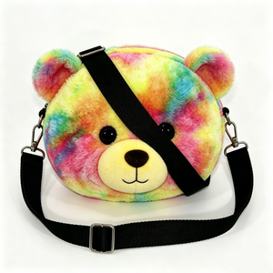Bolso bandolera de peluche de mapache arcoíris personalizado, bolso bandolera de peluche con cara de mapache colorida, bolso bandolera redondo de peluche de mapache suave. - Product Image 3