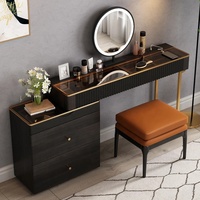Coiffeuse moderne de luxe léger avec plateau en verre trempé, miroir LED éclairé, ensemble de maquillage personnalisé, commode cannelée décorative dorée