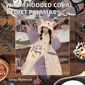 <span class=keywords><strong>Pigiama</strong></span> Invernale Casual da Donna in Velluto Corallo Spesso con Cappuccio, Maniche Lunghe, Traspirante, in Flanella di <span class=keywords><strong>Cotone</strong></span> con Vita Elasticizzata - Product Image 2