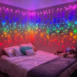 Luces LED de cortina con luces colgantes centelleantes remotas Decoraciones de pared Ventana Arco Iris Cortina Luces de cadena de hadas