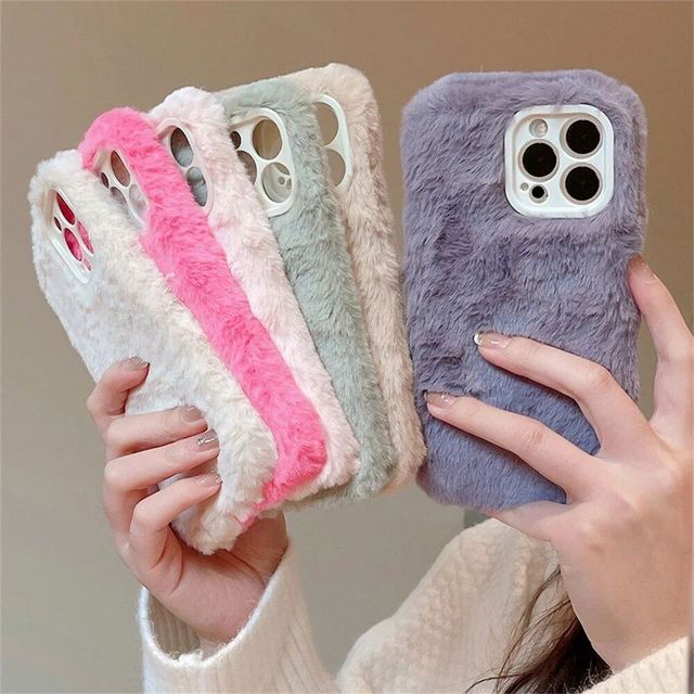 Candy Color Warm Furry Phone Case for iPhone 12 13 14 Pro Max 15 Pro Max 15 Plus Camera Lens Protection Soft TPU Back Cover