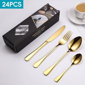 Juego de Cubiertos de Lujo de Acero Inoxidable 304 de 24 Piezas con Cuchillo, Tenedor y Cuchara - Diseño Moderno y Sencillo, Acabado Pulido Espejo, Caja de Regalo - Product Image 1