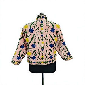 Veste pour femme brodée de fleurs roses, en coton, style Suzani, manches longues, col montant, automne-hiver - Product Image 2