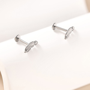 F136 Titanium Feather Flat Back Stud <b>Earrings</b> | Internally Threaded Cartilage, Lip, and Helix <b>Piercing</b> Studs for Women - Product Image 2