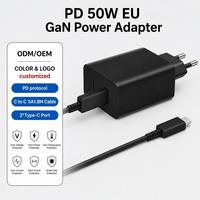 Adaptador de Corriente GaN de 50W 25W PD con Enchufe Europeo, Cargador de Pared de Carga Rápida con 2 Puertos Tipo C, Cable de Datos de 1.8M, Protección Contra Sobretensión, Enchufe Móvil