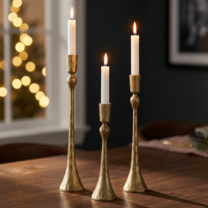 Unique Antique brass candelabra set Five <b>tapered</b> flameless <b>candles</b> Home wedding <b>candle</b> decoration - Product Image 1