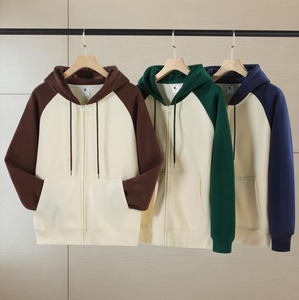 Fabricantes de ropa Sudadera con capucha personalizada con cremallera 100% algodón Peso pesado Hombres en blanco Cremallera Mangas raglán Sudadera con capucha Colorblock - Product Image 3