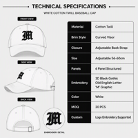 Casquette de baseball personnalisée en twill de coton blanc avec broderie 3D gothique noire, visière incurvée réglable à fermeture snapback