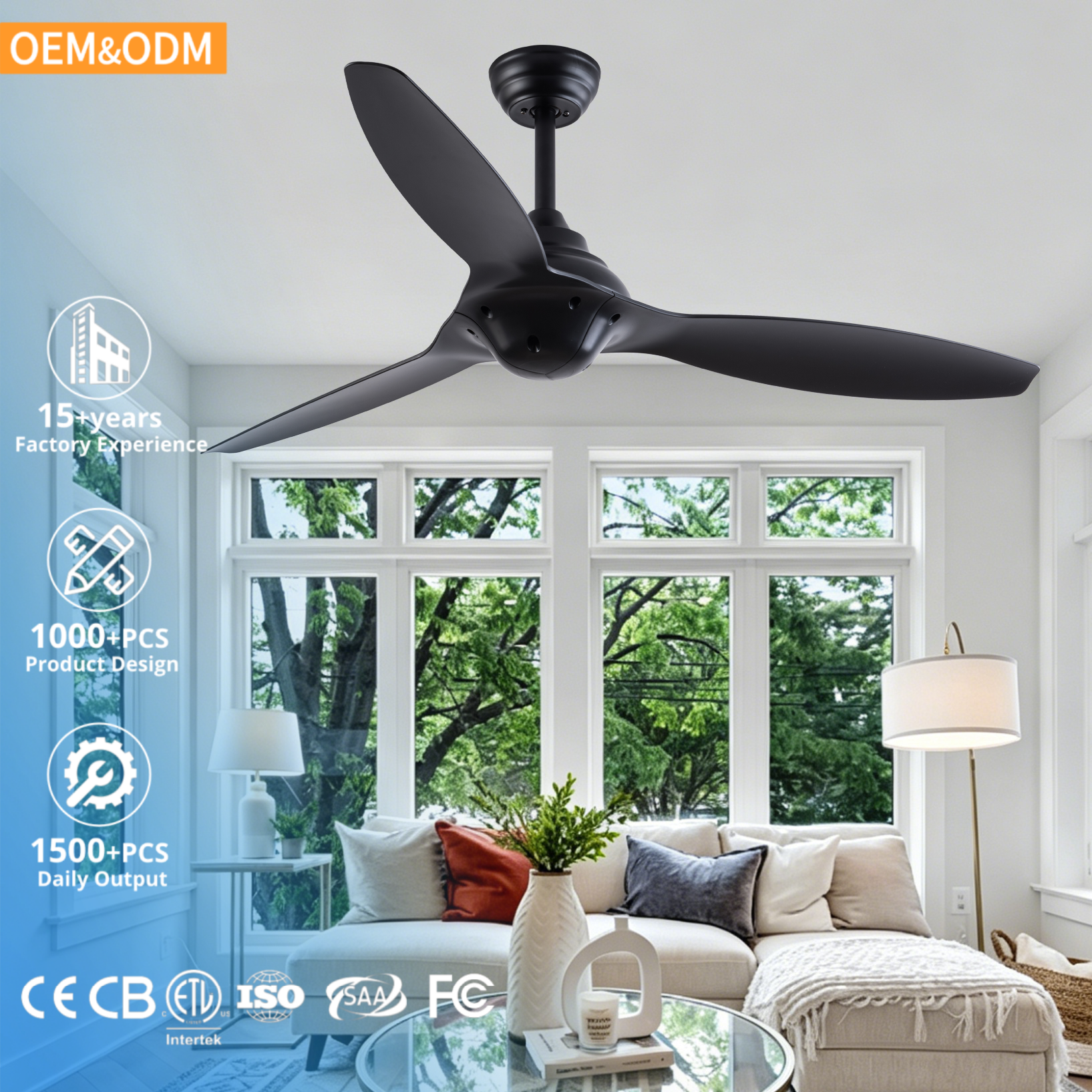 52 Inch Black Ceiling Fan and Remote Quiet 6 Speed Reversible Patios Living Room Ceiling Fan