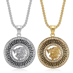 Hiphop Lion Coin Moissanite Luxury Stainless Steel Water Proof Fashion Jewelry Pendant Necklaces 18K Gold Plated Men Woman 2024