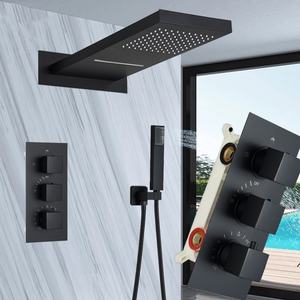 Ensemble de douche mural thermostatique en laiton à 3 voies, système double pluie, jet chromé, encastré pour hôtels - Product Image 2