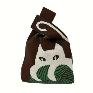 Bolso de Mano Tejido con Patrón de Gato de Dibujos Animados, Estilo Coreano, Portátil, de Gran Capacidad, para Mujer - Product Image 5