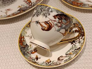 Jungle Wildlife Print Bone China <b>Dinnerware</b> Set 4 Pieces With Gold Rim Cup Saucer Plates For Home Dining - Product Image 6
