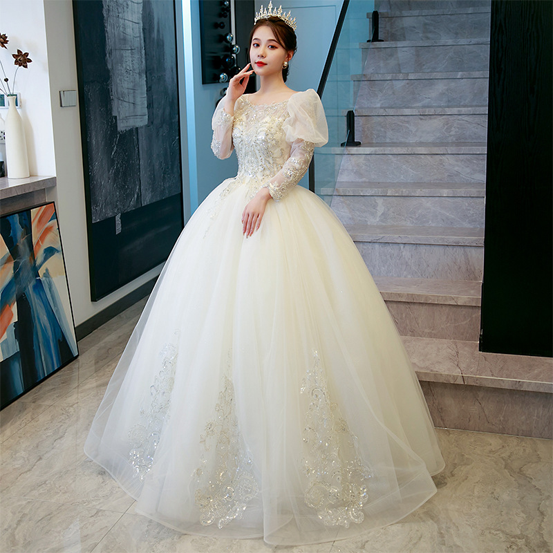 long sleeve champagne wedding dress Square Neck Champagne Long Sleeves Lace Wedding Dress – Sassymyprom main image 0