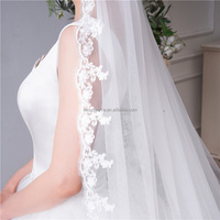 Voile de mariée cathédrale long à un niveau avec peigne argenté et appliques en dentelle florale faites à la main YM291
