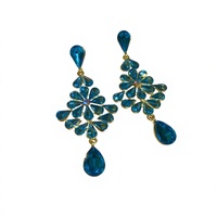 Anting-anting gantung berbentuk bunga bertabur zircon biru gaya Eropa untuk wanita, terbuat dari paduan seng, perhiasan pesta modis dan mewah