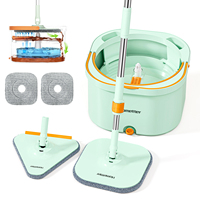 Ensemble Seau et Serpillière Homettler avec Manche Télescopique, Écologique, Taux d'Égouttage 90-100%, Tampons Réutilisables, Essoreur Automatique, 2 Têtes de Serpillière, Séchage Rapide
