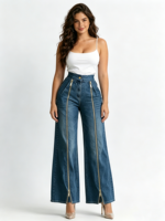 Jean large à double fermeture éclair pour femme, taille haute, en denim fluide, coupe droite, ample, décontracté, style streetwear
