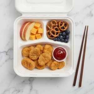 Boîte à clapet écologique 9x9 à 3 compartiments en bagasse de canne à sucre biodégradable, emballage alimentaire compostable pour plats à emporter - Product Image 2