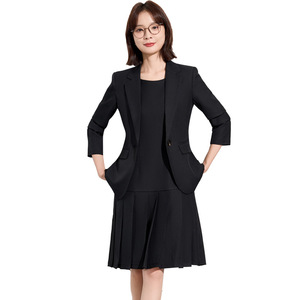 Women's Black Two Piece Suit Set Midi Skirt Three Quarter Sleeve Office Lady Spring Polyester Worsted Blazer Dress - Product Image 5